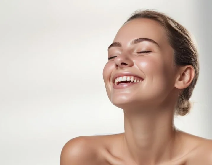 Woman smiling with clear, healthy skin and bare shoulders