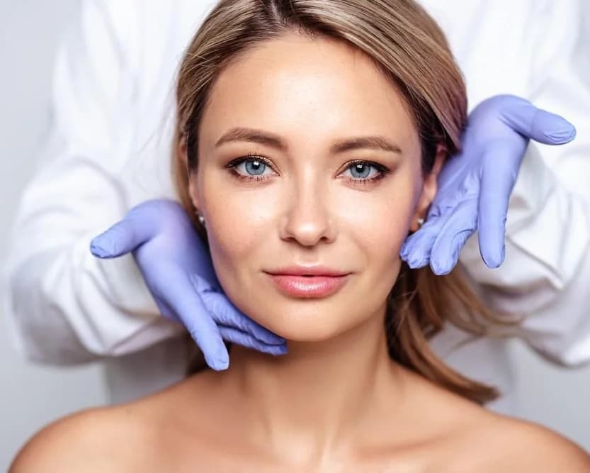 Gloved provider assessing a client's mid-face before placing filler